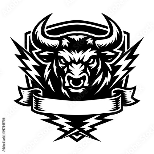 Black and white illustration of a bull's head with horns and a banner below it, symbolizing strength and power