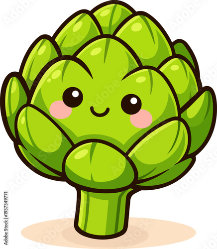 A kawaii-style green artichoke with a smiling face, perfect for playful food designs and healthy eating content.