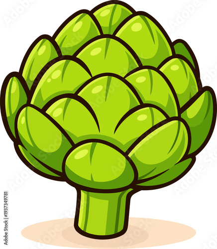 A kawaii-style illustration of a green artichoke with a vibrant, layered appearance. Ideal for food, cooking, or healthy eating content.