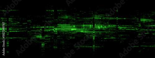 Green digital glitch background with data noise and distorted binary code lines. Abstract science fiction texture for technological interface. Cyberpunk graphic design elements for presentation.