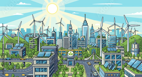 A vibrant cityscape powered by renewable energy sources, featuring numerous wind turbines and solar panels integrated into modern buildings.