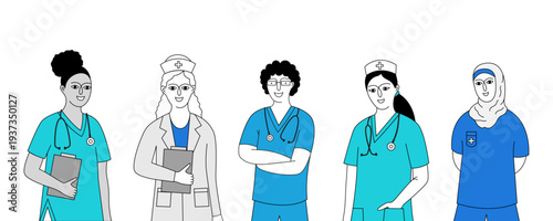 Flat line illustration of a diverse group of healthcare professionals and nurses standing together.