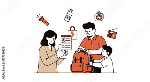 Family preparing emergency kit together at home with checklist