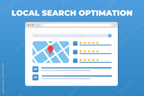 Local Search and Organic Results concept illustration. SEO optimization for SERP - search engine results pages concept vector illustration. Paid, Text-based ads and organic search result