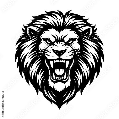 A black and white illustration of a lion's head with a fierce expression and flowing mane