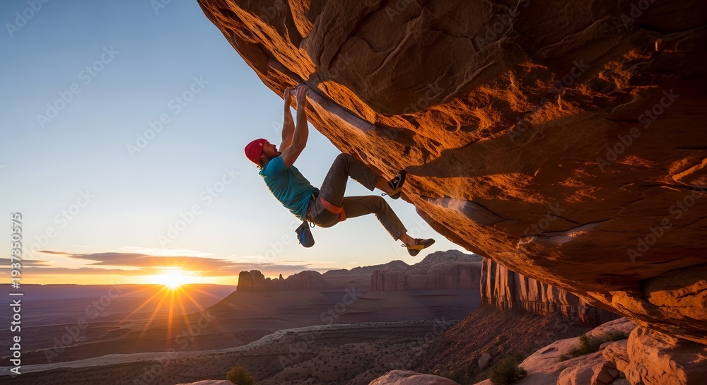 Fototapeta premium Rock climber scaling a steep cliff face at sunset