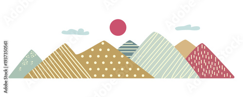 minimalist mountain landscape in Scandinavian style. Abstract geometric hills with sun and clouds in soft pastel colors. Modern nature background for nursery decor, wallpaper, and textile design.