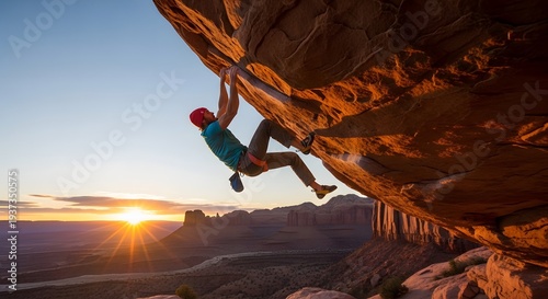 Rock climber scaling a steep cliff face at sunset