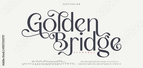 Golden Bridge Elegant font alphabet uppercase lowercase and number. Classic lettering minimal fashion designs. Typography modern serif fonts regular decorative vintage concept. Vector illustration