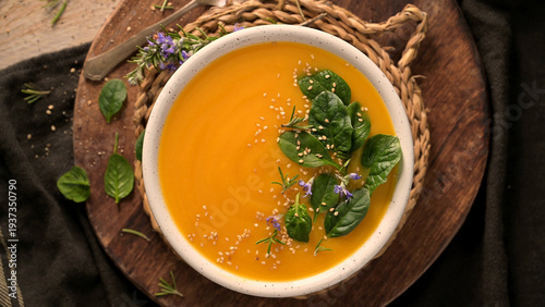 Bild auf Leinwand Creamy Pumpkin Soup with Spinach and Sesame Seeds