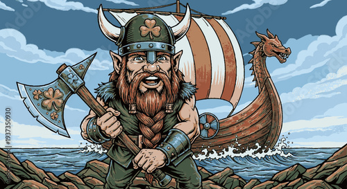 Viking warrior with axe standing on rocks by sea with dragonhead boat