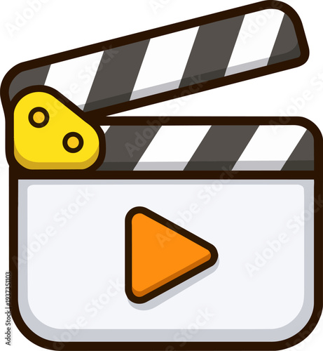 A playful clapperboard with a play button icon. Ideal for video production, movie projects, and film industry illustrations.