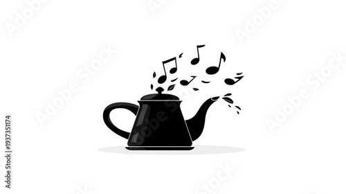A whimsical image features a black teapot, steam replaced with musical notes, on a white background