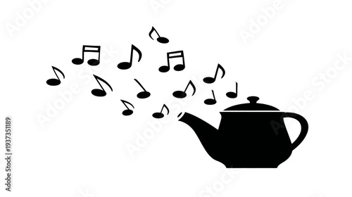 Black silhouette of a teapot with musical notes flowing out of its spout on white background