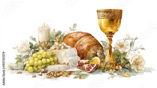 Richly adorned still life composition features a golden chalice, baked goods, fresh fruit, and floral elements.