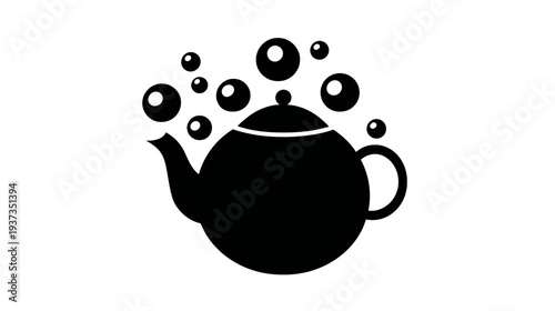 A black and white illustration of a teapot with bubbles rising from it