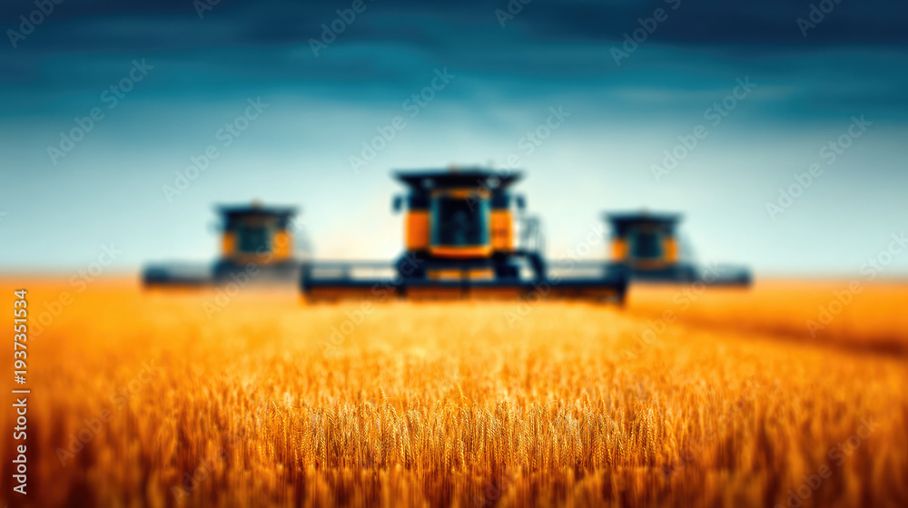 Fototapeta premium Blurred background of agricultural machinery harvesting wheat in a field, out-of-focus image, silhouettes of combines, yellow field, blue sky, harvest, tractor, farming, wheat ears