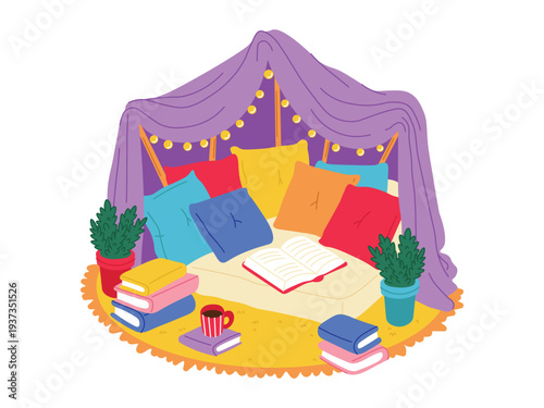 Cozy Reading Fort with Books and Pillows Illustration