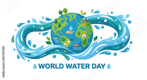 A vibrant illustration depicting earth embraced by flowing water celebrating world water day