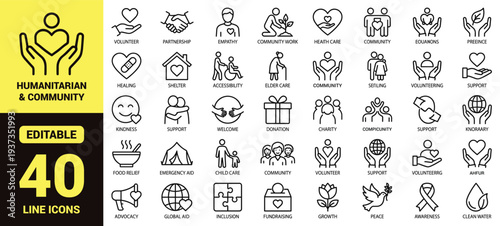 Humanitarian and community support icon set with volunteering, donation, shelter, healthcare, food relief, global aid, inclusion, and essential charity ranking symbols in clean modern line‑art style