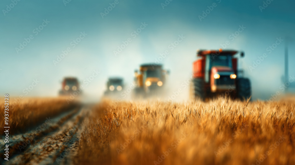 Fototapeta premium Blurred background of agricultural machinery harvesting wheat in a field, out-of-focus image, silhouettes of combines, yellow field, blue sky, harvest, tractor, farming, wheat ears