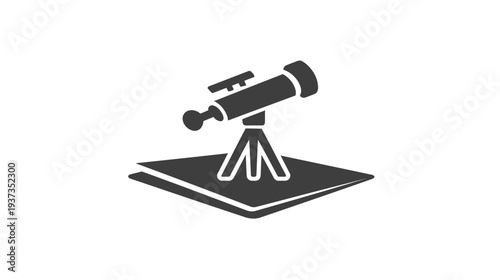 A flat illustration of a telescope, mounted on a tripod, over a grey surface