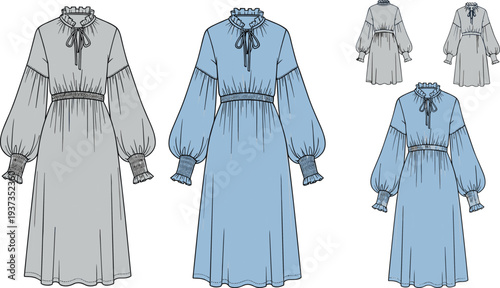 Long sleeve midi dress with smocked cuffs, ruffle collar, fashion flat sketch, tie neckline, elegant women’s wear clothing template

 flat vector illustration
