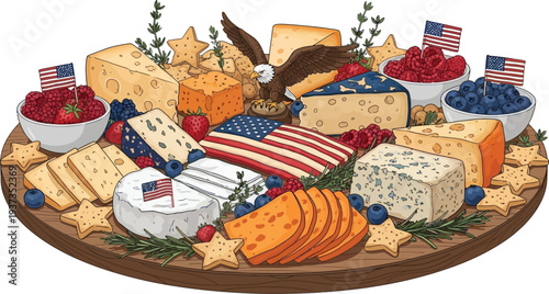A large round wooden charcuterie board displays assorted cheeses, crackers, berries, and patriotic decorations including an.