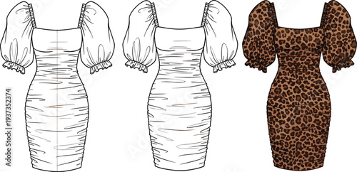 Leopard puff sleeve dress fashion illustration, ruched bodycon design, flat sketch template for stylish women's wear, clothing vector drawing

 flat vector illustration