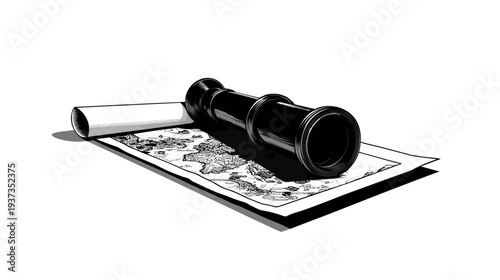 A black and white illustration of a rolled map with a telescope laying across it