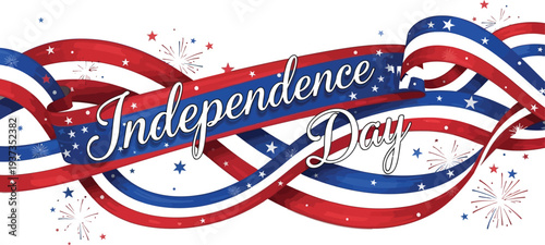 Wavy red, white, and blue ribbons stream across the frame featuring white text celebrating Independence Day with small star.