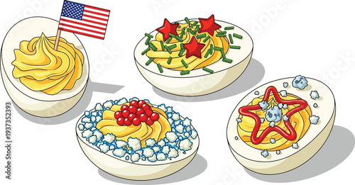 Four distinct deviled eggs are decorated with patriotic toppings like flags, stars, and caviar on a white background.