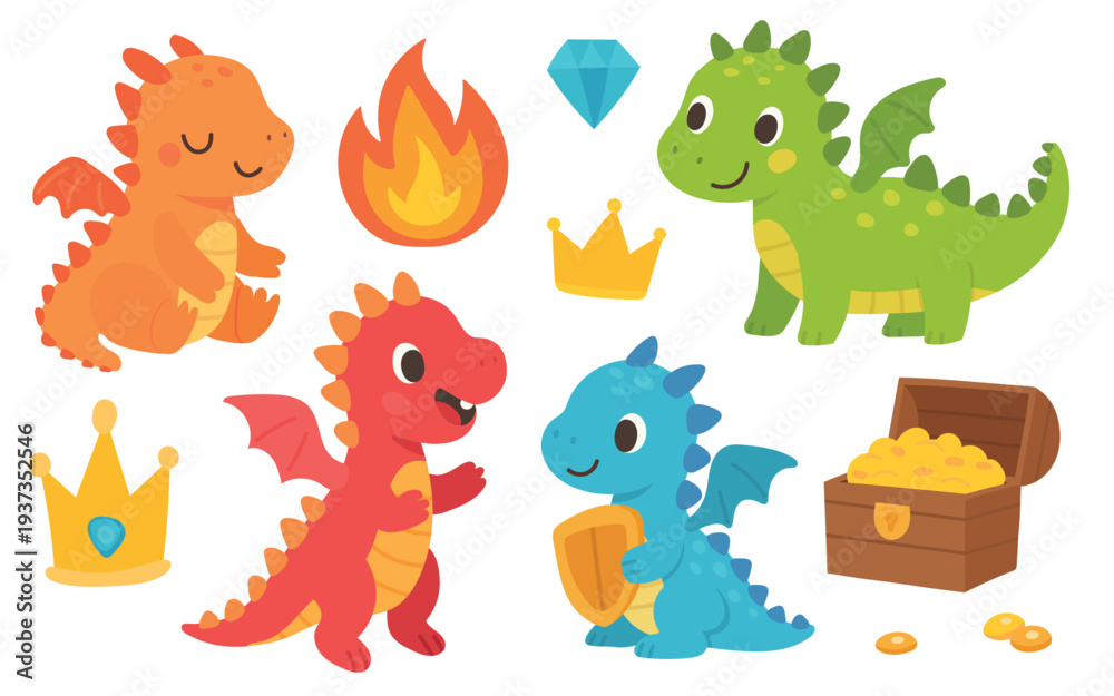 Obraz premium Cute dragon set with crown, treasure chest and fire flame, magical fantasy clipart for birthday themes and storybook projects