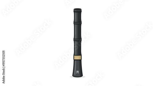 A stylized illustration of a black bamboo wind instrument with gold accent on a white background