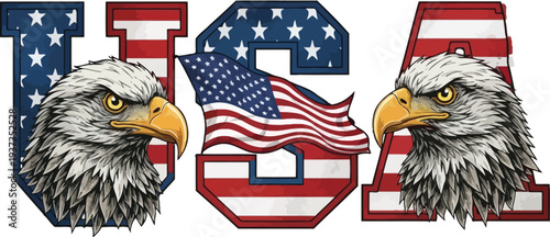 Bold stylized letters spell out USA with fierce bald eagles flanking the central letter containing a waving American flag.