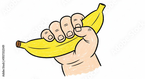 Hand gripping a silicone banana teether in a cartoon style  