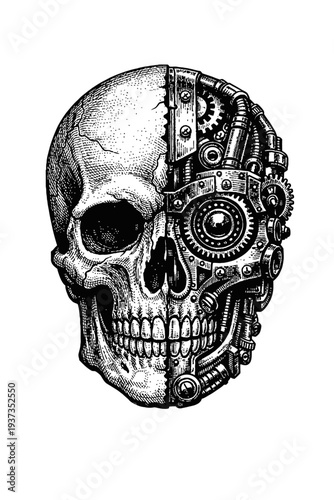 Detailed black & white engraving of a steampunk biomechanical skull, masterfully fusing organic human anatomy with intricate industrial gears, pipes, & metal mechanisms. A unique illustration capturin