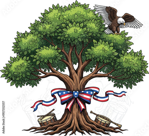 A large, mature oak tree displays patriotic American ribbon bows around its trunk while an eagle perches overhead near two.