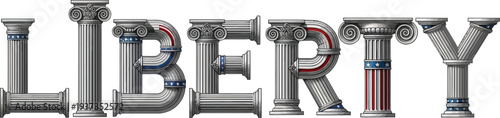 The word LIBERTY is creatively formed using detailed classical architectural columns with subtle patriotic accents.
