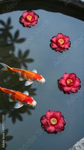 Glassy Koi Pond Surface Perfectly Mirrors Vast Sky, Disturbed by Deep Red Camellia Flowers Resting Gently on Water