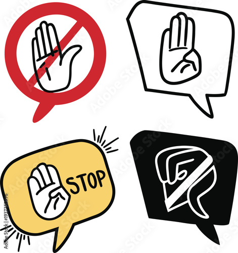 Violence Prevention and "Stop" Hand Signal Speech Bubbles