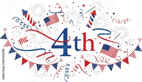 Festive illustration celebrates the Fourth of July with fireworks, bunting, streamers, and American flags surrounding the.