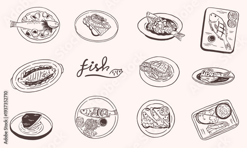 fish cuisine food menu doodle hand drawing illustration collection set - vector line art