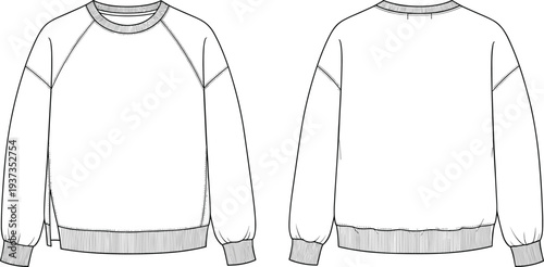 Flat sketch of crew neck sweatshirt, raglan sleeves, ribbed cuffs and hem, front and back view, casual unisex fashion design

 flat vector illustration