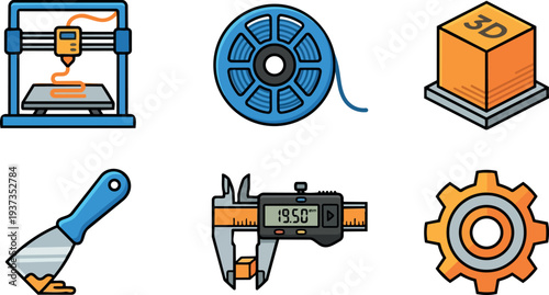 Flat design 3d printing tool icons set showing 3d printer filament reel caliper 3d cube putty knife gear close up
