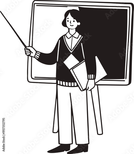 Female Teacher or Professor Pointing at Blackboard Illustration
