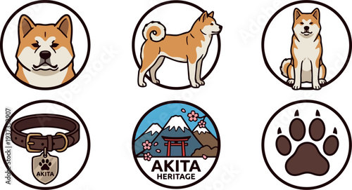 Flat design akita badge set showing smiling face full body sitting pose collar tag and heritage mountain cherry blossom emblem
