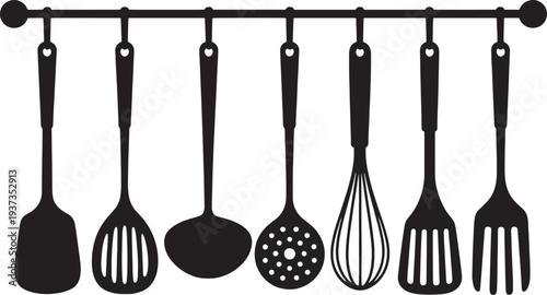 Black silhouette of seven kitchen utensils hanging from a rack cooking tools cooking equipment utensil rack