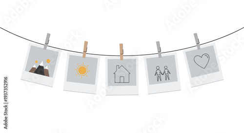 Five stylized polaroid-style photographs are suspended on a thin grey string by small clothespins against a white background.