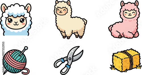 Cute kawaii vector alpaca icons with smiling blue white and pink alpacas knitting yarn shears hay bale playful close up